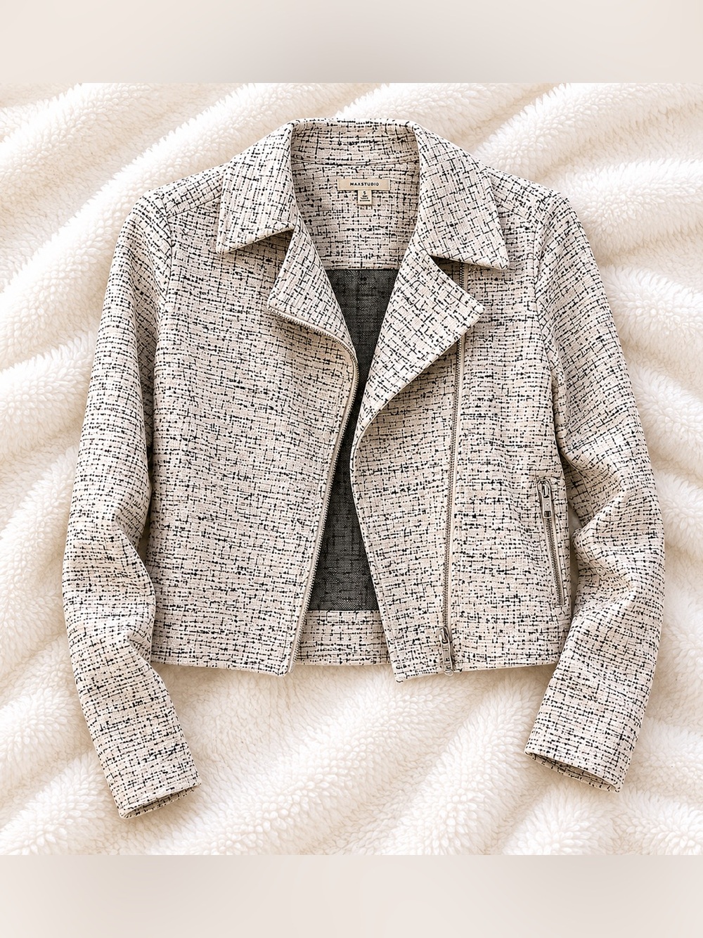 Max Studio White and Black Tweed Zip Jacket